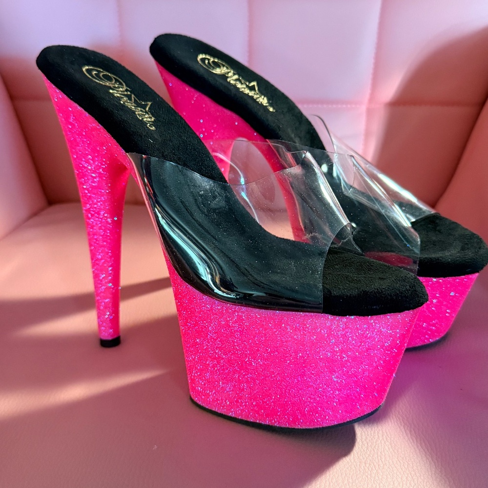 Pleaser 7" Adore #701- Hot Pink Glitter UV Slides- Size 9